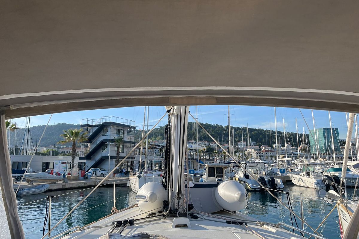 Deck of SAILOR MERCURY, a Beneteau Oceanis 38.1 sailboat at Split, Croatia