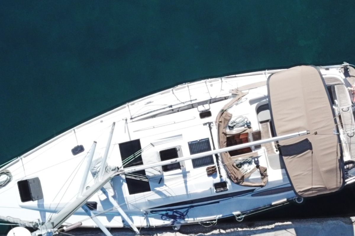 Deck of Okea Iris, a Elan 444 Impression sailboat at Lavreotiki Municipal Unit, Greece