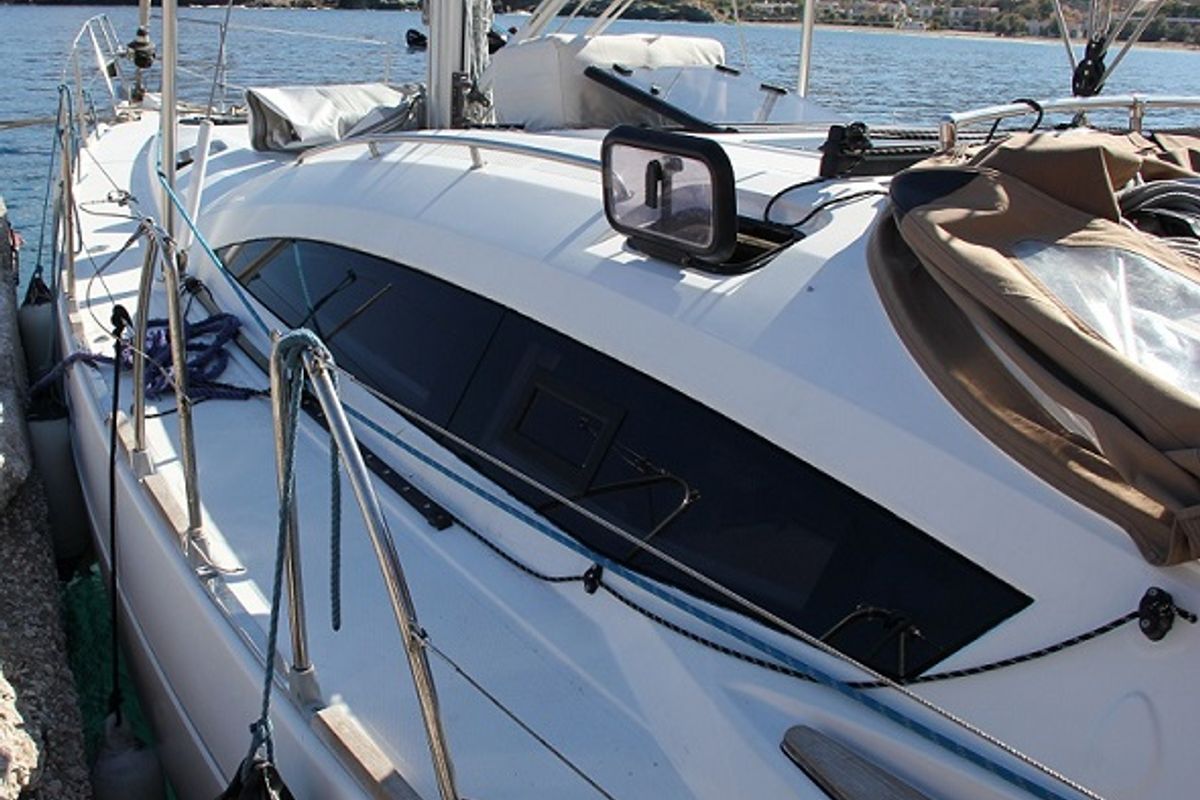 Deck of Okea Iris, a Elan 444 Impression sailboat at Lavreotiki Municipal Unit, Greece