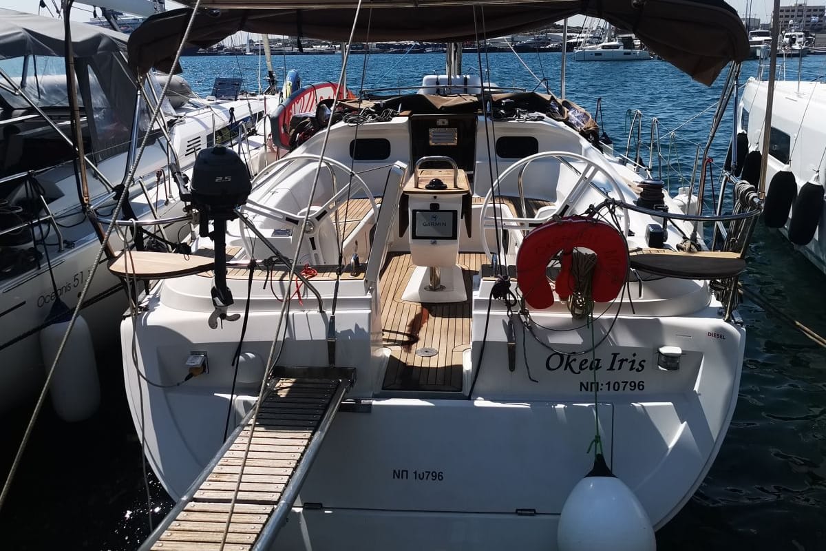 Okea Iris, a Elan 444 Impression sailboat at Lavreotiki Municipal Unit, Greece