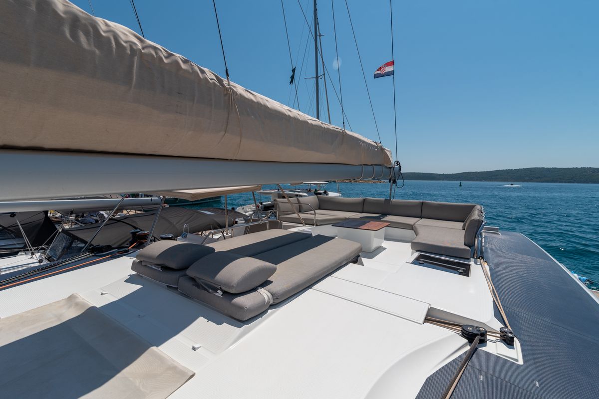 Deck of Ingrid, a Fountaine Pajot Aura 51 catamaran at Seget Donji, Croatia