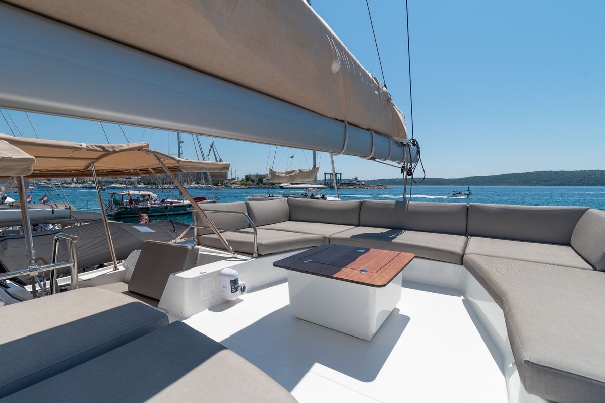 Deck of Ingrid, a Fountaine Pajot Aura 51 catamaran at Seget Donji, Croatia