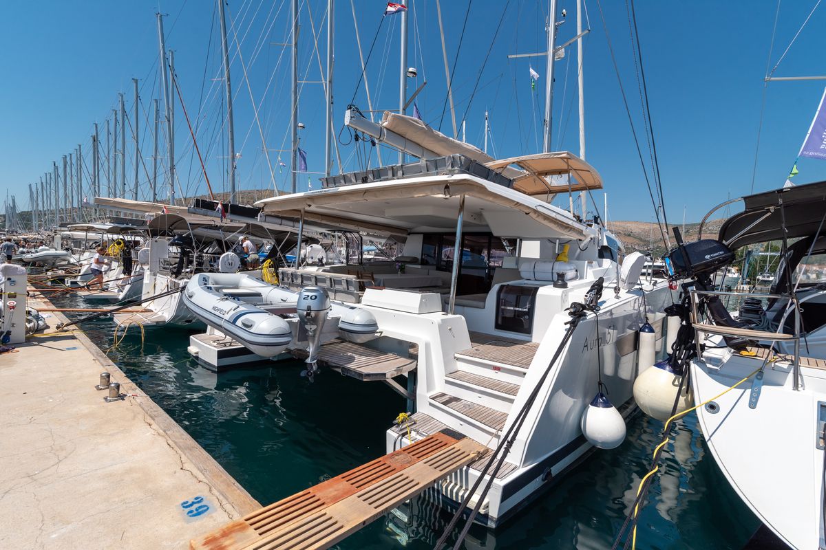 Exterior view of Ingrid, a Fountaine Pajot Aura 51 catamaran at Seget Donji, Croatia