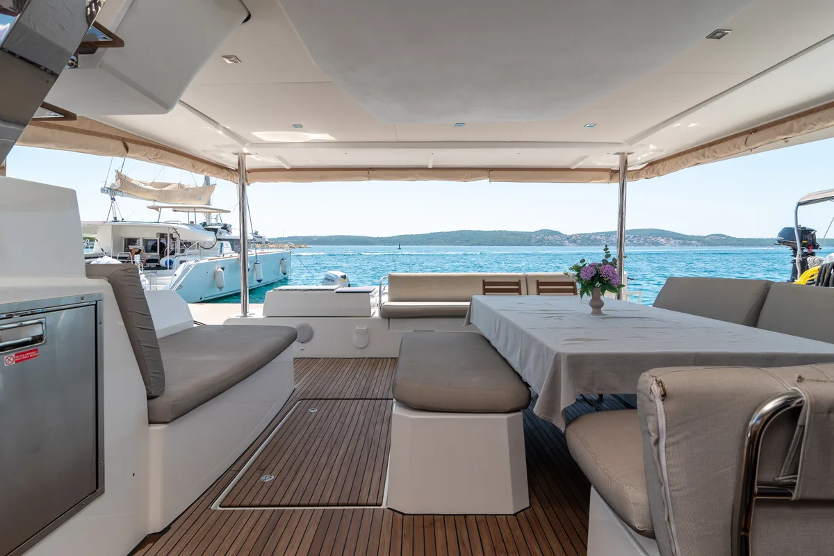 Deck of Ingrid, a Fountaine Pajot Aura 51 catamaran at Seget Donji, Croatia