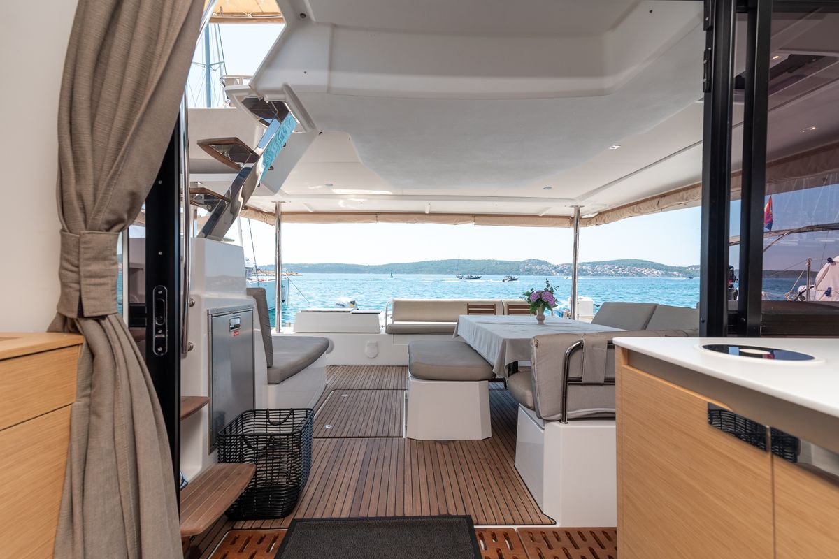 Deck of Ingrid, a Fountaine Pajot Aura 51 catamaran at Seget Donji, Croatia