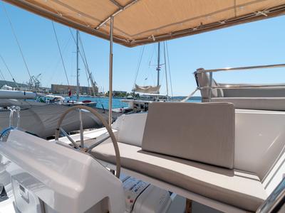 Cockpit of Ingrid, a Fountaine Pajot Aura 51 catamaran at Seget Donji, Croatia