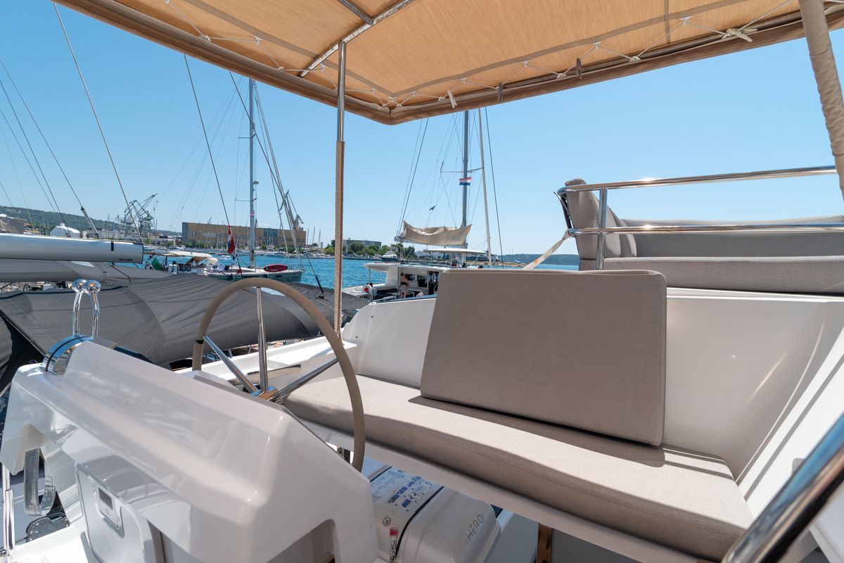 Cockpit of Ingrid, a Fountaine Pajot Aura 51 catamaran at Seget Donji, Croatia