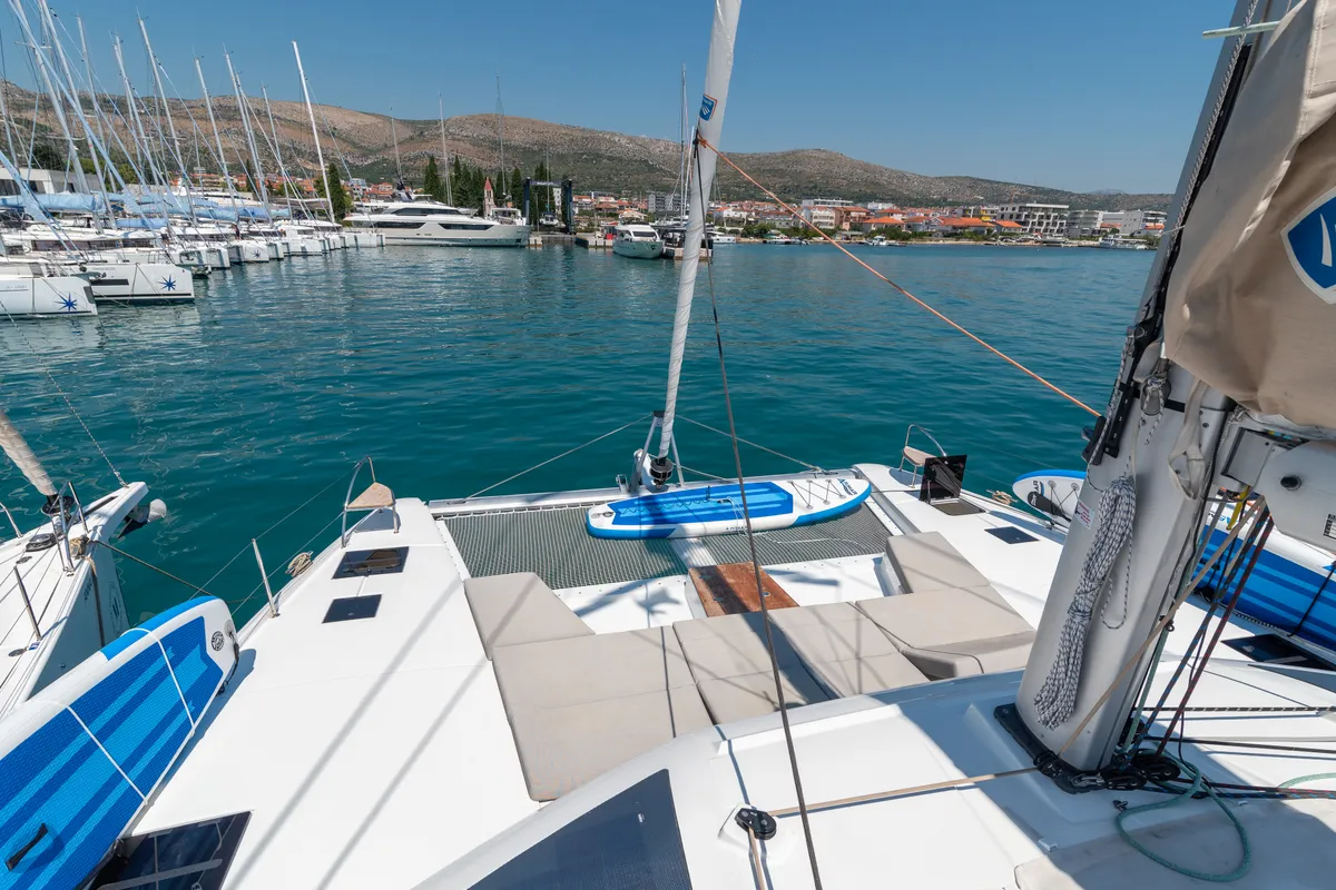 Deck of Ingrid, a Fountaine Pajot Aura 51 catamaran at Seget Donji, Croatia