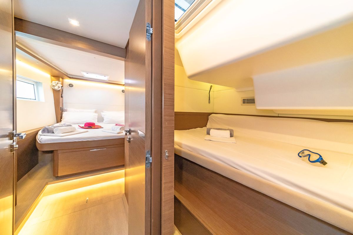 Cabin on Just Infinity, a Lagoon 50 catamaran at Gouvia, Greece