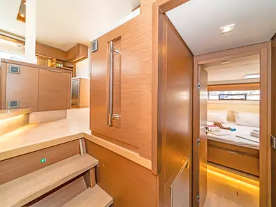 Salon of Just Infinity, a Lagoon 50 catamaran at Gouvia, Greece