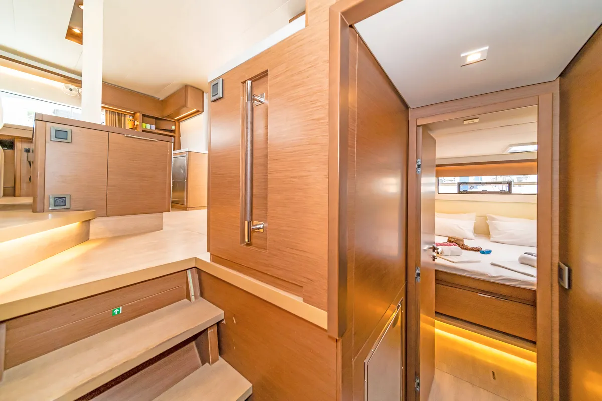 Salon of Just Infinity, a Lagoon 50 catamaran at Gouvia, Greece