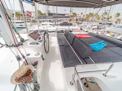 Cockpit of Just Infinity, a Lagoon 50 catamaran at Gouvia, Greece