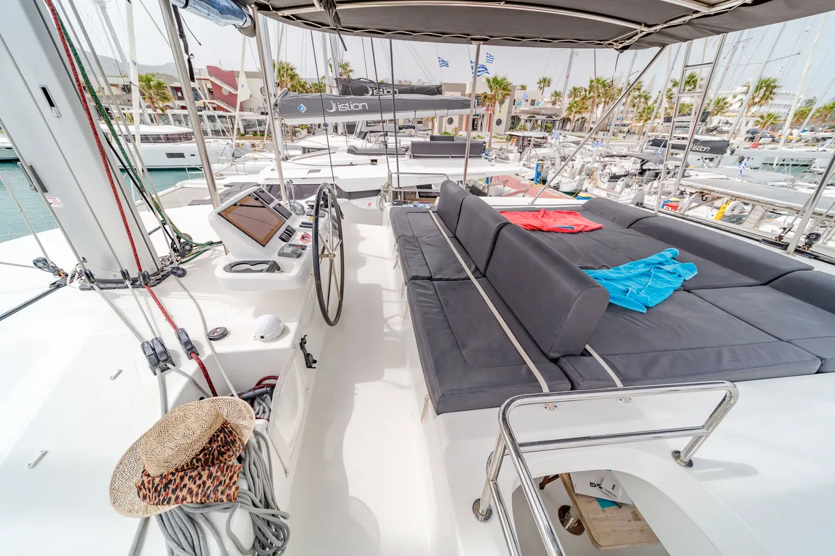 Cockpit of Just Infinity, a Lagoon 50 catamaran at Gouvia, Greece