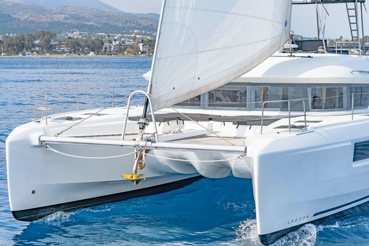 Exterior view of Just Infinity, a Lagoon 50 catamaran at Gouvia, Greece