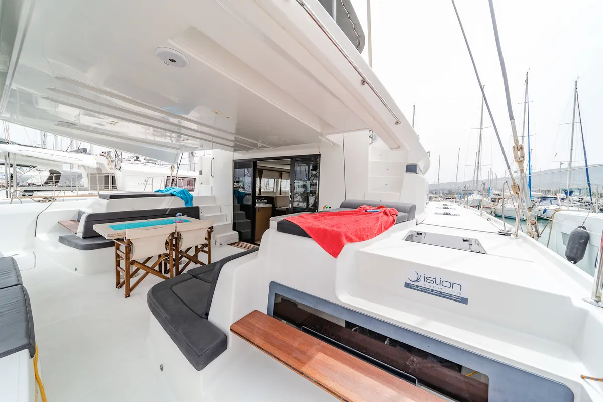 Deck of Just Infinity, a Lagoon 50 catamaran at Gouvia, Greece