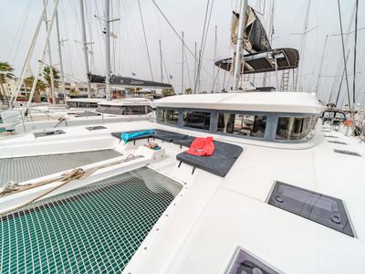 Deck of Just Infinity, a Lagoon 50 catamaran at Gouvia, Greece
