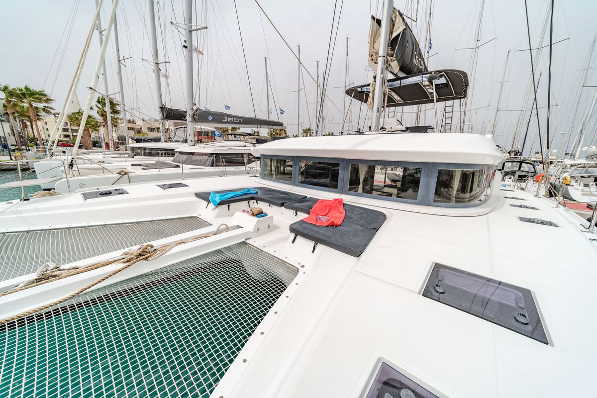 Deck of Just Infinity, a Lagoon 50 catamaran at Gouvia, Greece