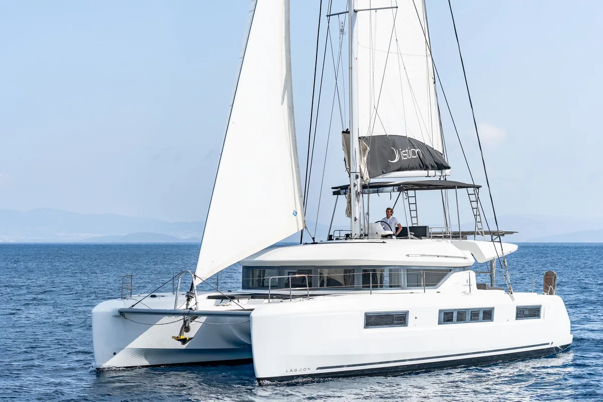 Exterior view of Just Infinity, a Lagoon 50 catamaran at Gouvia, Greece