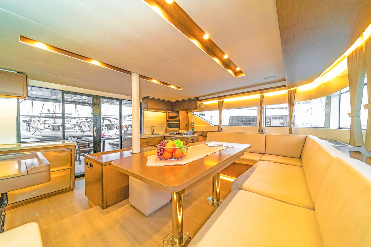 Salon of Just Infinity, a Lagoon 50 catamaran at Gouvia, Greece