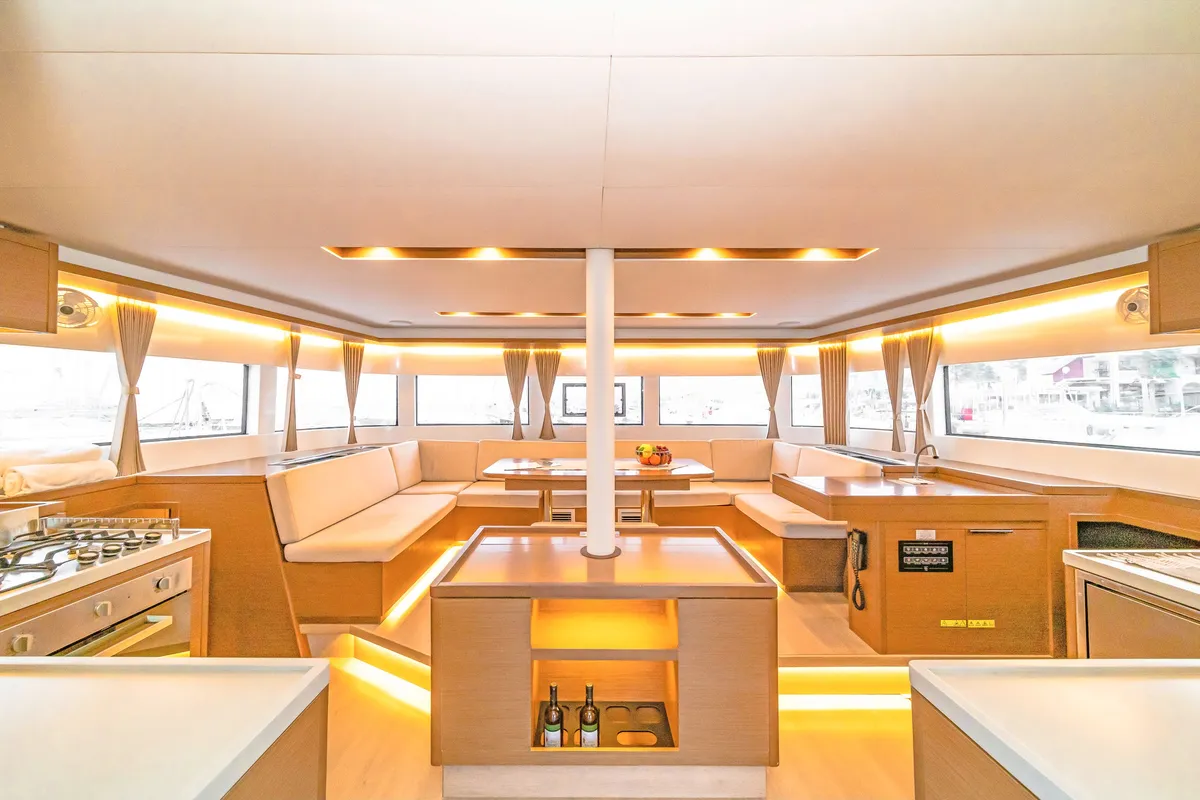Salon of Just Infinity, a Lagoon 50 catamaran at Gouvia, Greece
