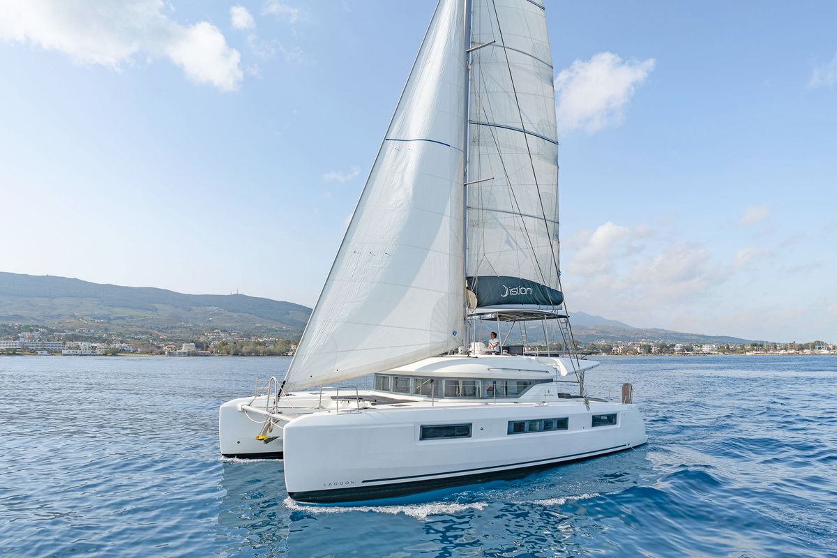 Exterior view of Just Infinity, a Lagoon 50 catamaran at Gouvia, Greece