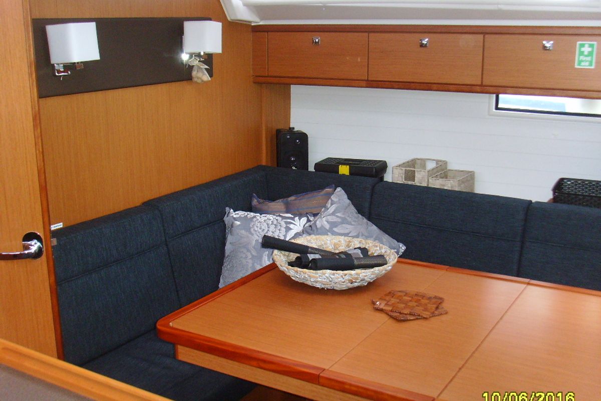 Salon of Zefyros, a Bavaria 46 Cruiser sailboat at Municipal Unit of Lefkada, Greece