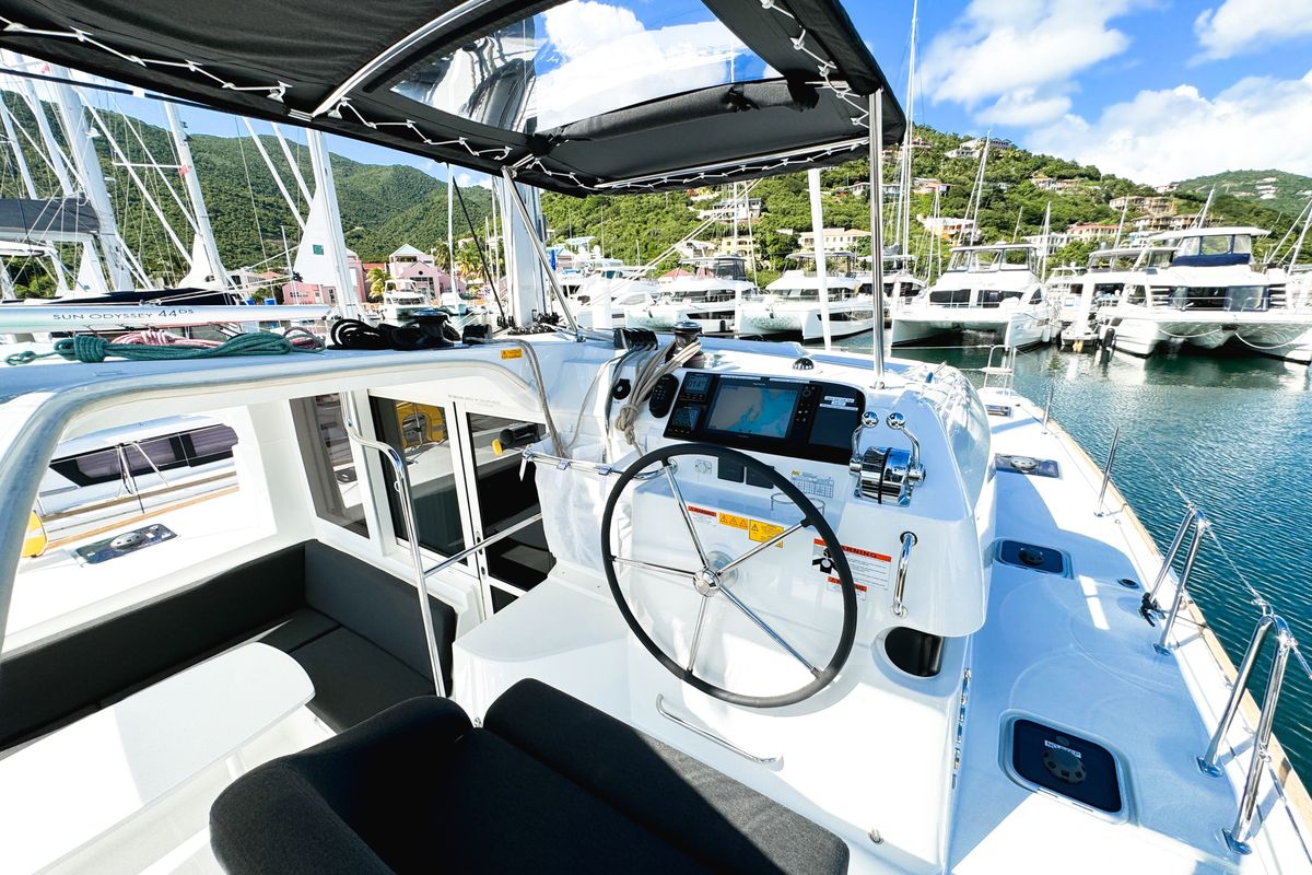 Cockpit of Cloudwalker, a Lagoon 40 OW catamaran at Road Town, British Virgin Islands