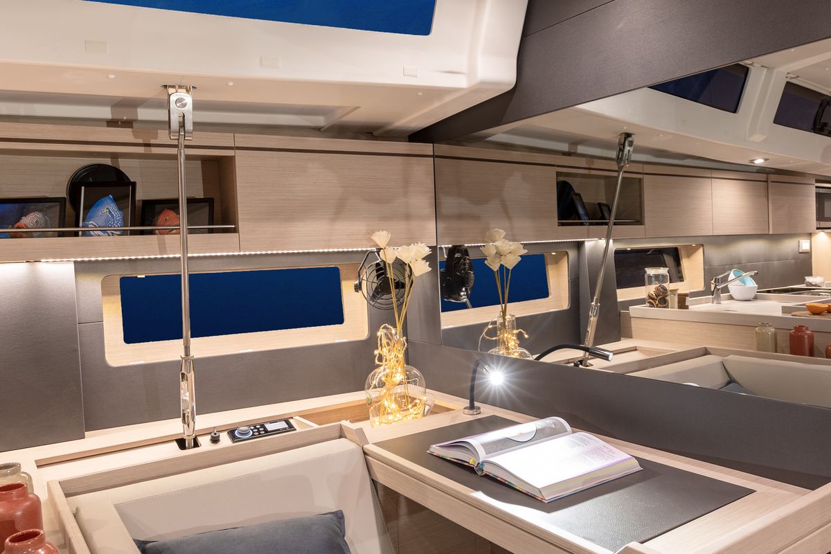 Salon of Sunsail 52.4 Classic, a Beneteau Oceanis 51.1 sailboat at Municipal Unit of Lefkada, Greece