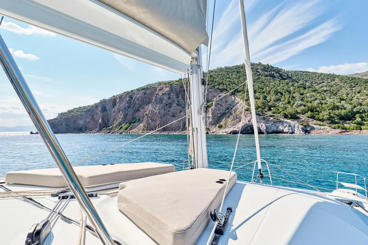Deck of Efkrati, a Lagoon 51 catamaran at Athens, Greece