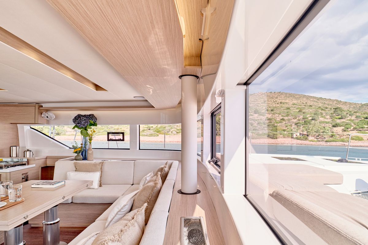 Salon of Efkrati, a Lagoon 51 catamaran at Athens, Greece