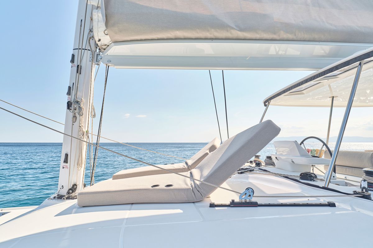 Deck of Efkrati, a Lagoon 51 catamaran at Athens, Greece