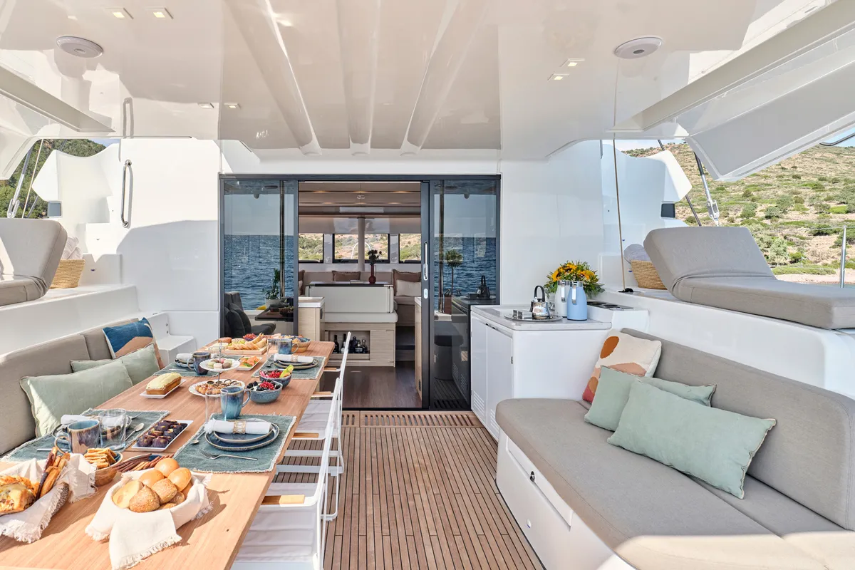 Deck of Efkrati, a Lagoon 51 catamaran at Athens, Greece