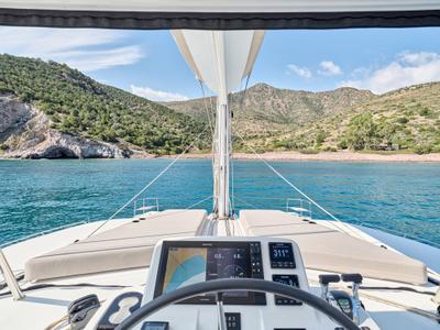 Cockpit of Efkrati, a Lagoon 51 catamaran at Athens, Greece