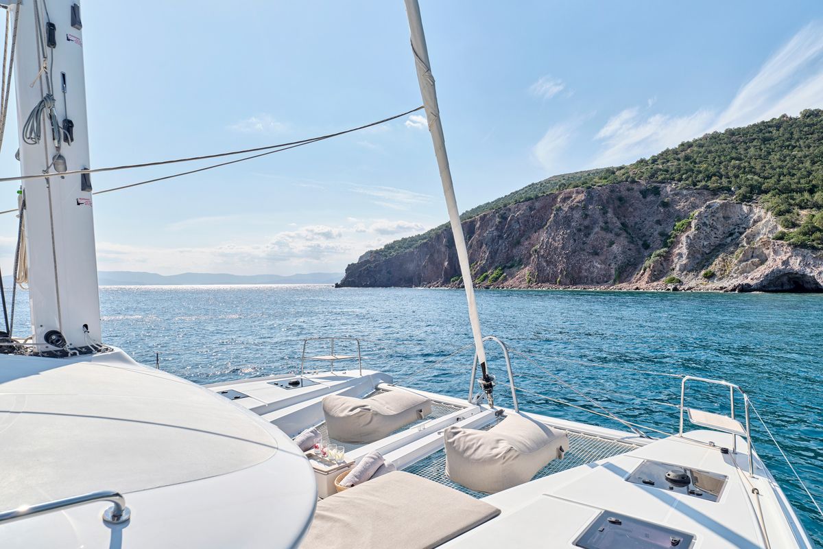 Deck of Efkrati, a Lagoon 51 catamaran at Athens, Greece