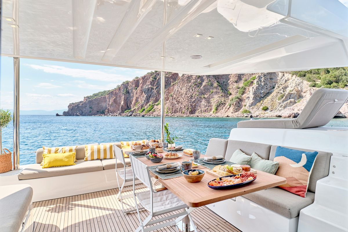 Deck of Efkrati, a Lagoon 51 catamaran at Athens, Greece