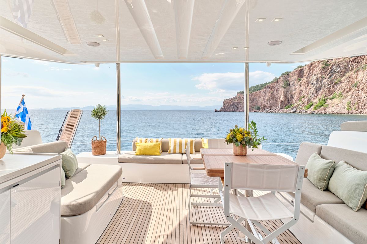Deck of Efkrati, a Lagoon 51 catamaran at Athens, Greece