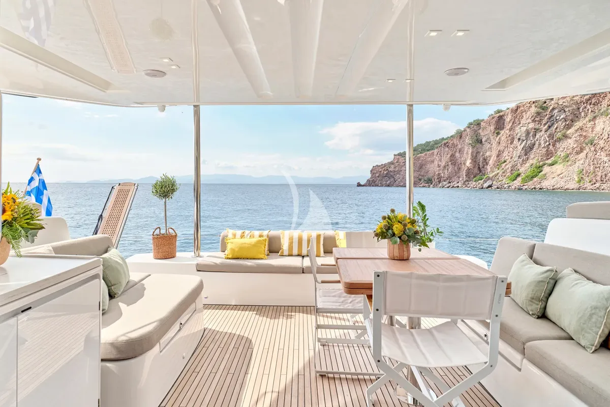 Deck of Efkrati, a Lagoon 51 catamaran at Athens, Greece