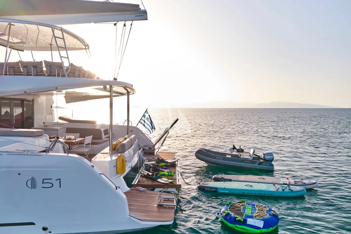 Exterior view of Efkrati, a Lagoon 51 catamaran at Athens, Greece
