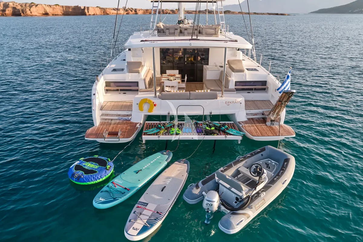 Exterior view of Efkrati, a Lagoon 51 catamaran at Athens, Greece