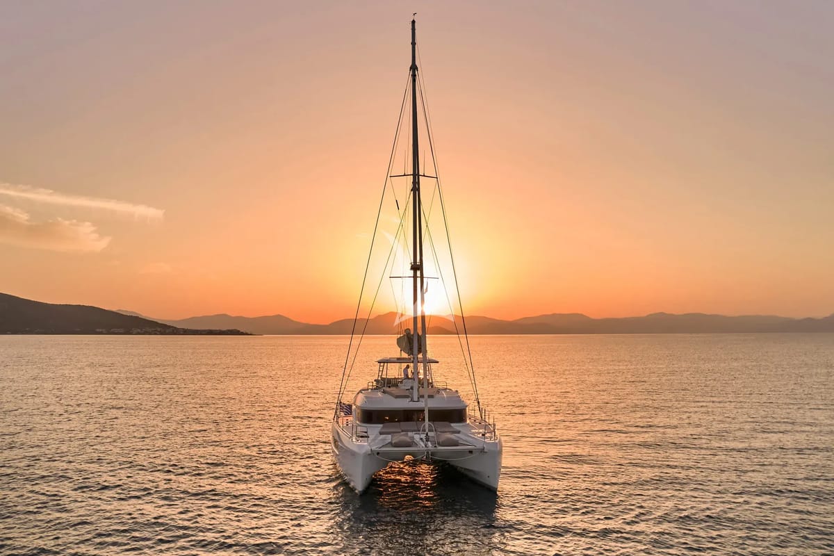 Exterior view of Efkrati, a Lagoon 51 catamaran at Athens, Greece