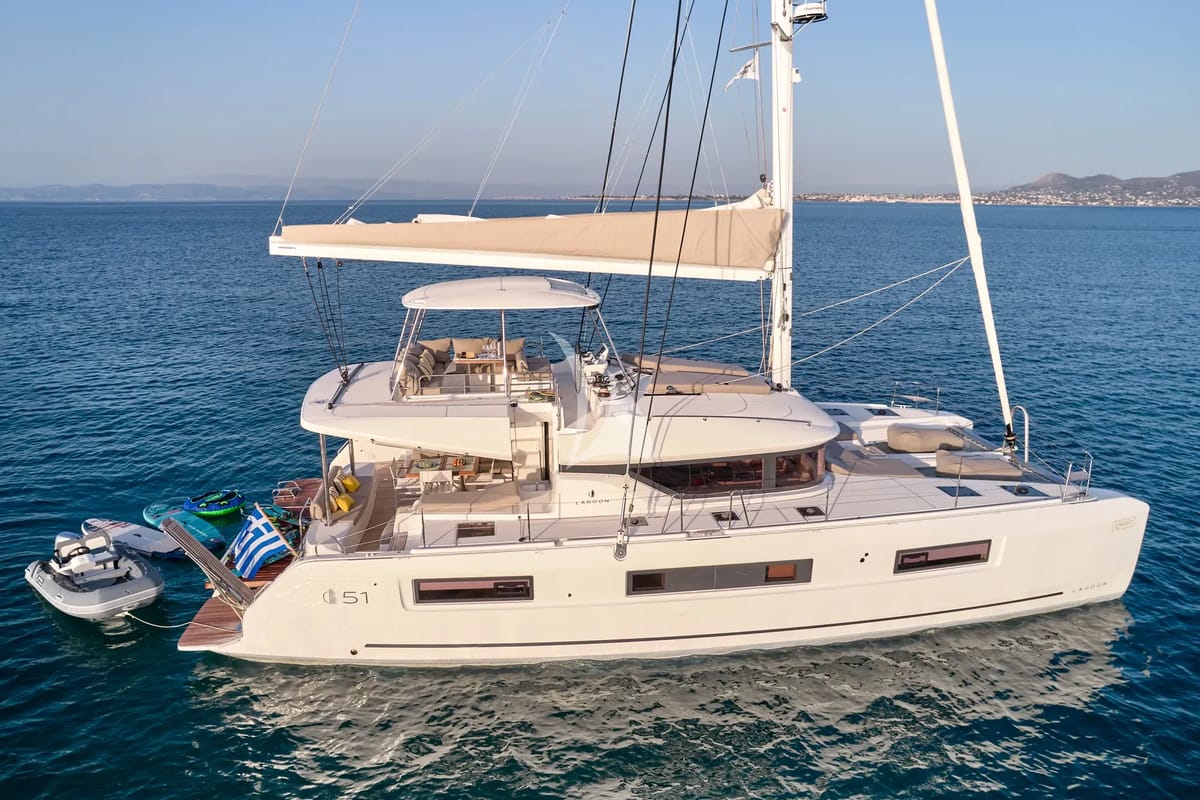 Exterior view of Efkrati, a Lagoon 51 catamaran at Athens, Greece
