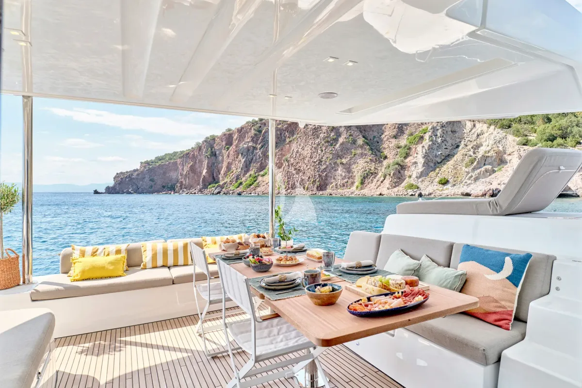 Deck of Efkrati, a Lagoon 51 catamaran at Athens, Greece