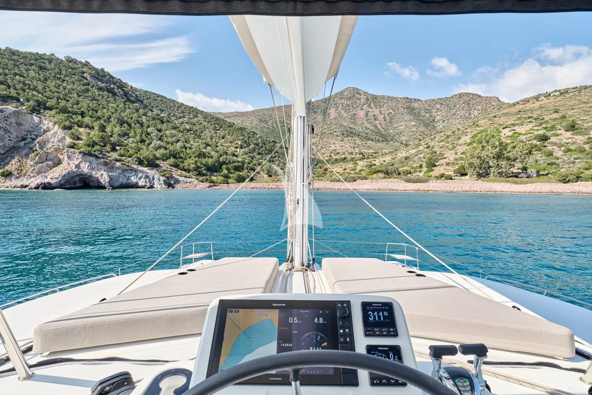 Cockpit of Efkrati, a Lagoon 51 catamaran at Athens, Greece