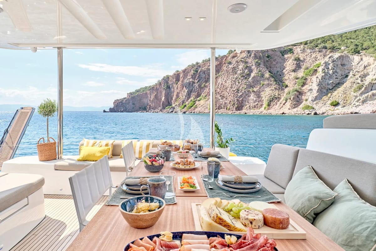 Deck of Efkrati, a Lagoon 51 catamaran at Athens, Greece