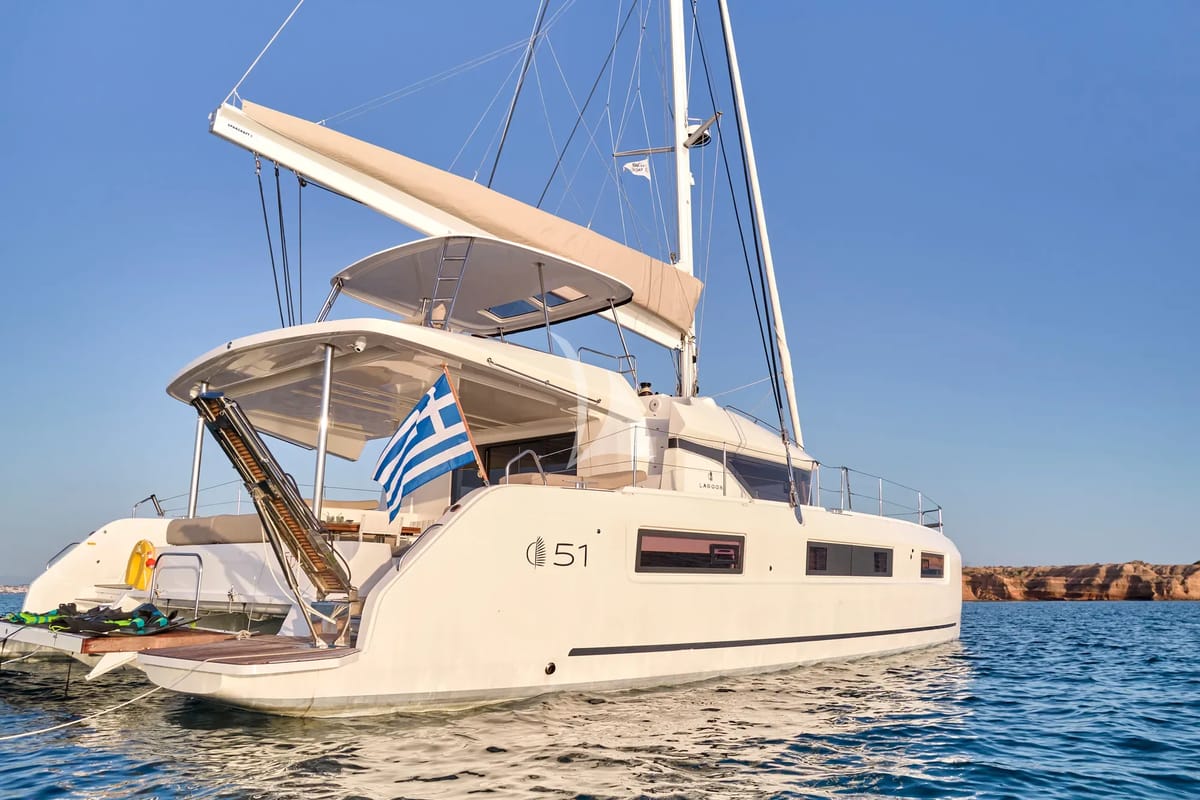 Exterior view of Efkrati, a Lagoon 51 catamaran at Athens, Greece