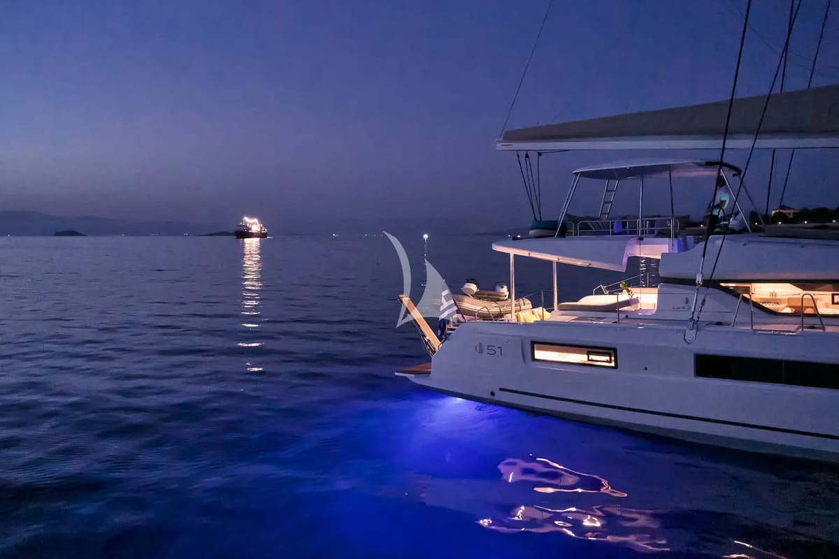 Exterior view of Efkrati, a Lagoon 51 catamaran at Athens, Greece