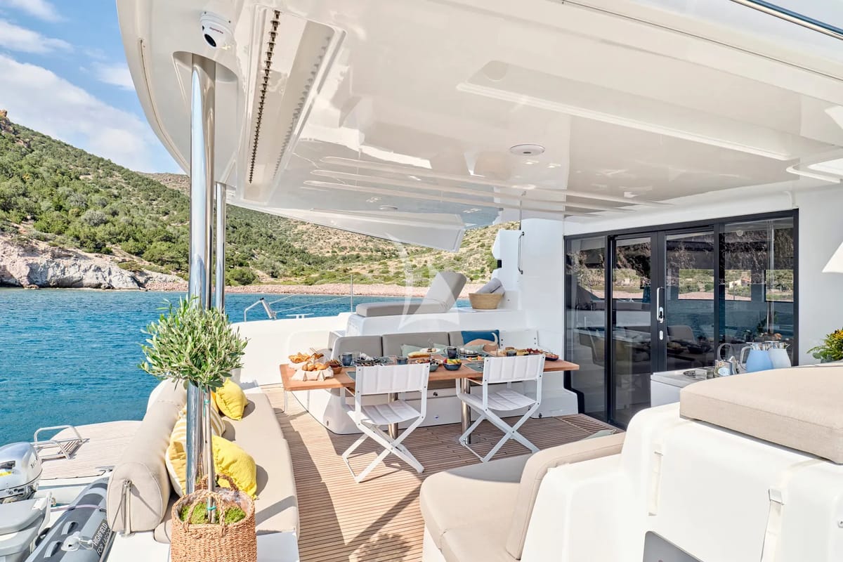 Deck of Efkrati, a Lagoon 51 catamaran at Athens, Greece
