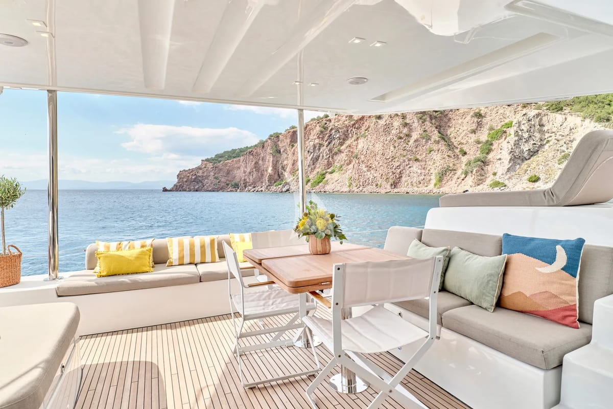 Deck of Efkrati, a Lagoon 51 catamaran at Athens, Greece
