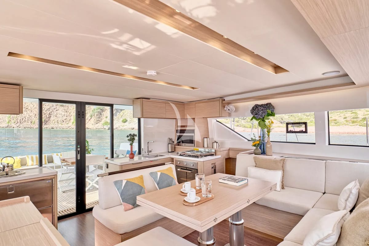 Salon of Efkrati, a Lagoon 51 catamaran at Athens, Greece