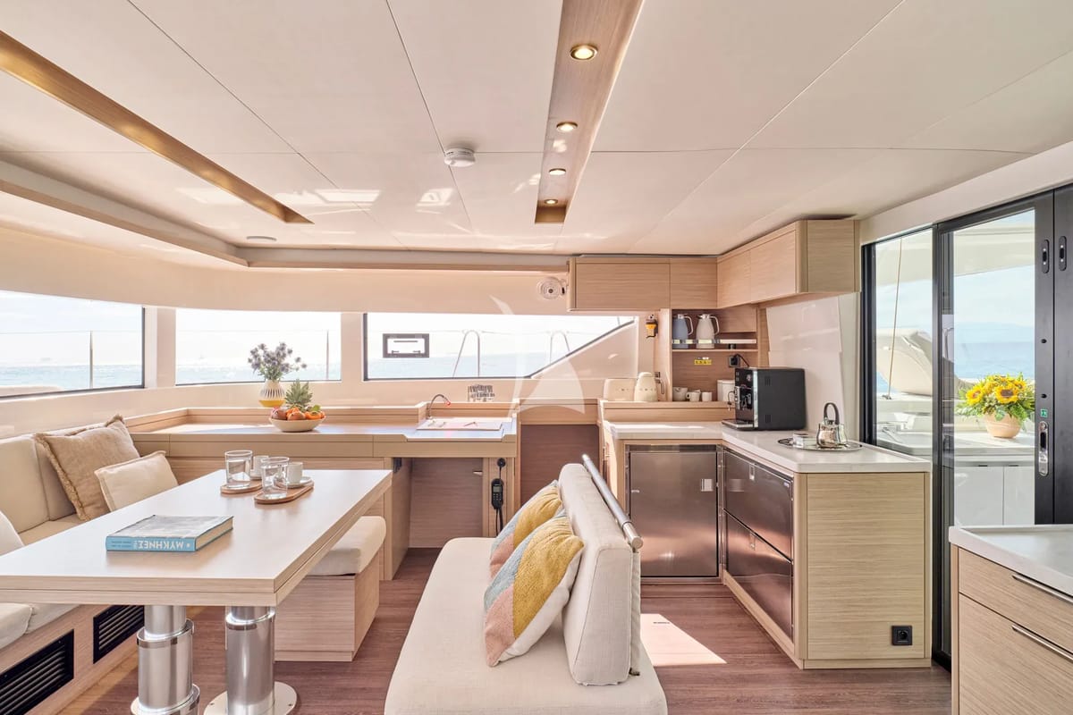 Salon of Efkrati, a Lagoon 51 catamaran at Athens, Greece